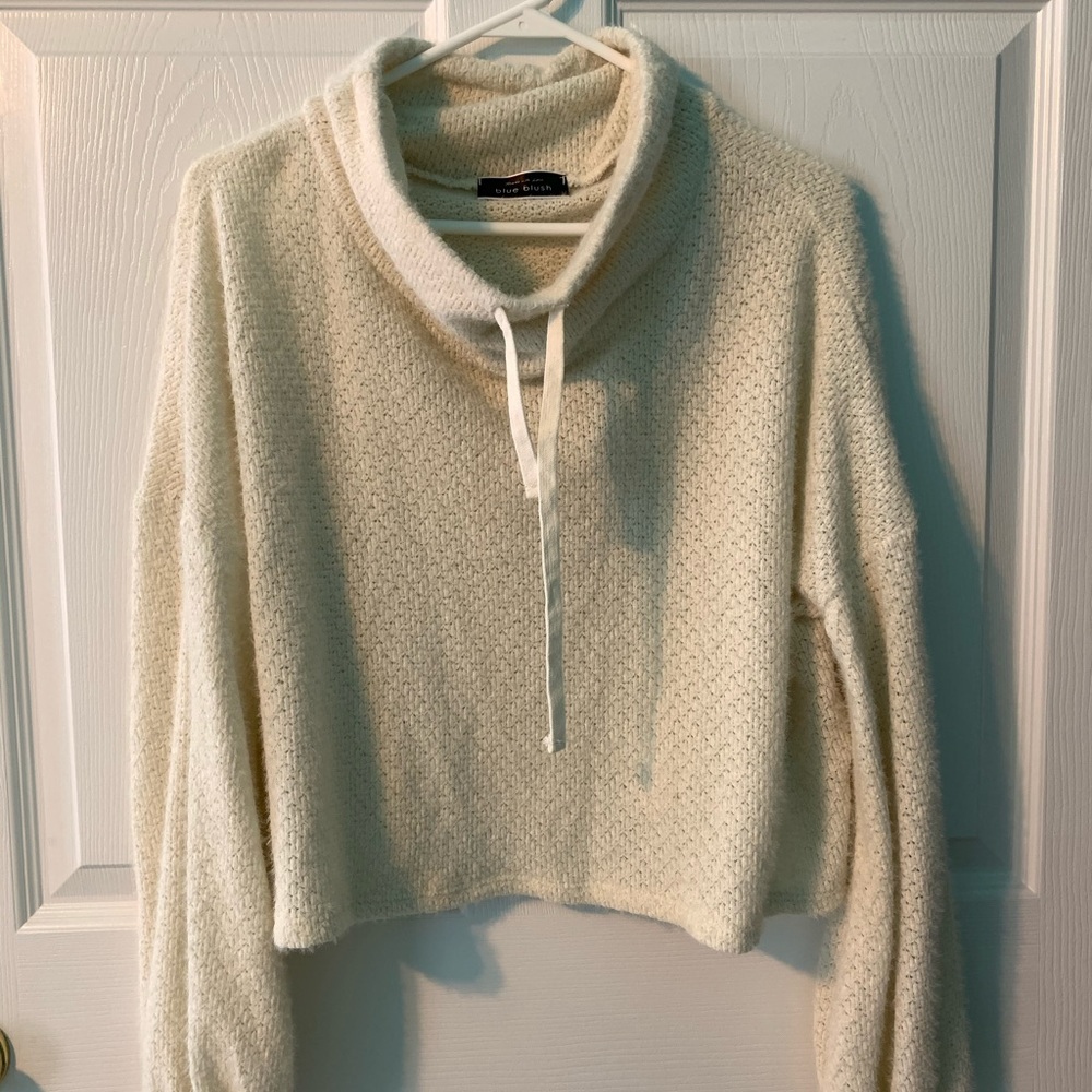 Blue blush cozy knit cowl neck sweater
